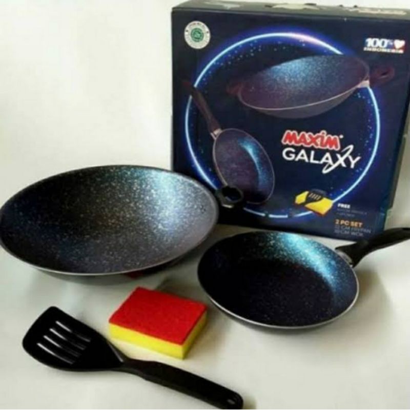 Wajan Set Maxim Galaxy Set 2pcs Wajin Frypan Teflon Spatula Sponge Wajan Galaxy Maxim Set