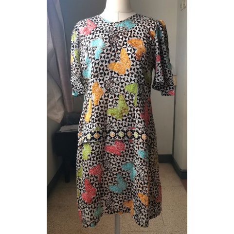 Preloved Dress Batik Cap Kombinasi Tulis Kupu Hitam