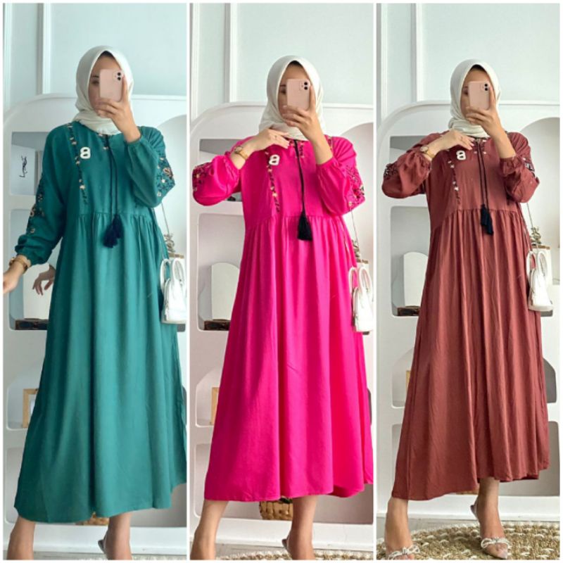 BISA COD ANJANI DRESS MIDI DRESS TWILL BORDIR TIMBUL GAMIS KOREA MAXI DRESS RAYON POLOS SYARI FUSCHI