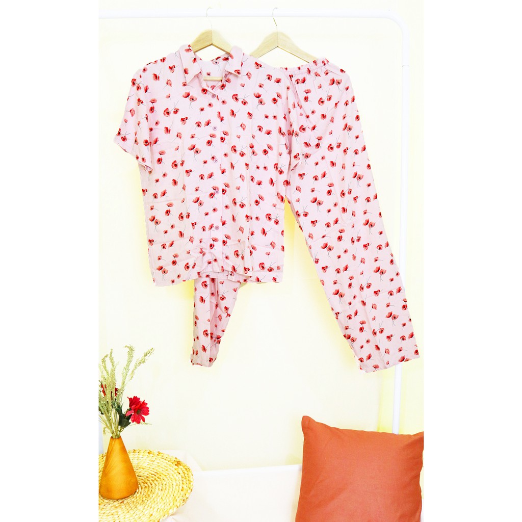 Piyama Set Rayon Motif Bunga Poppy