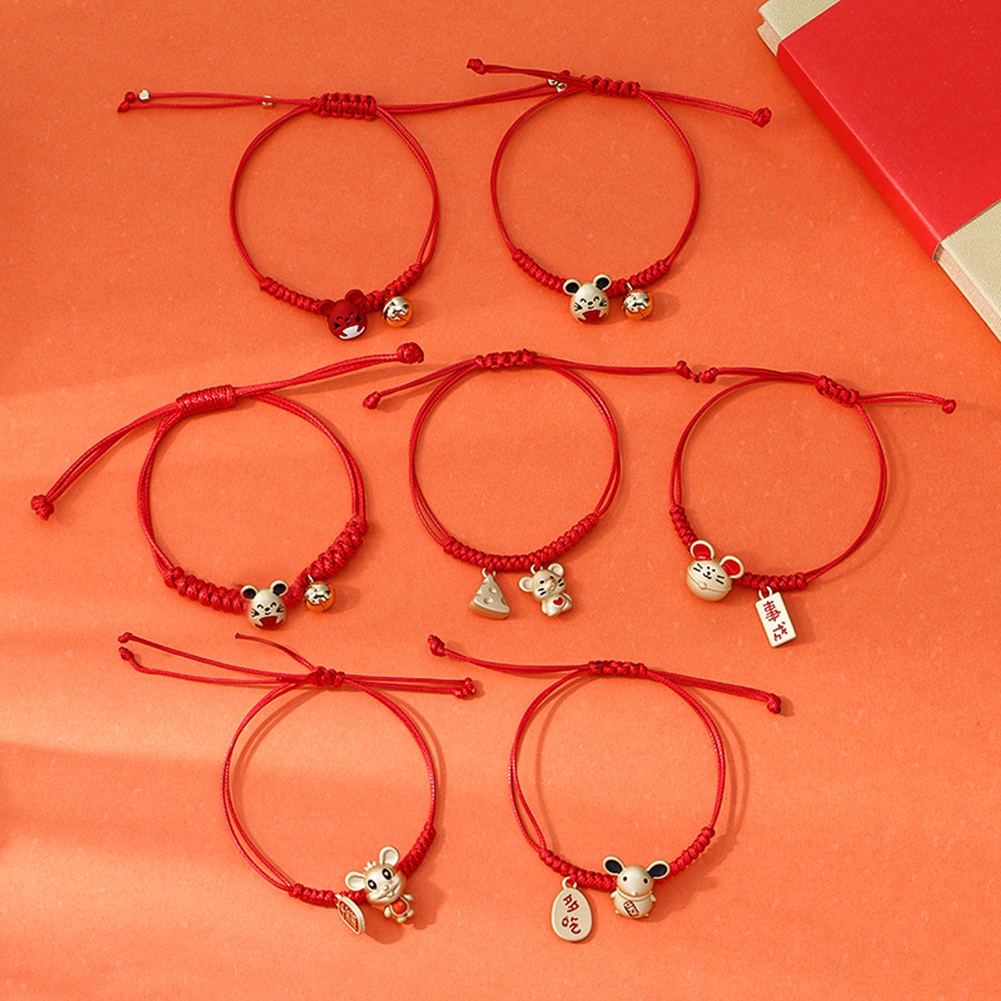 Hu Hu Hu Hu Hu Alat Bantu Pasang Kacamata♡ Gelang Tali Merah Adjustable Dengan Charm Tikus Zodiak Untuk Wanita