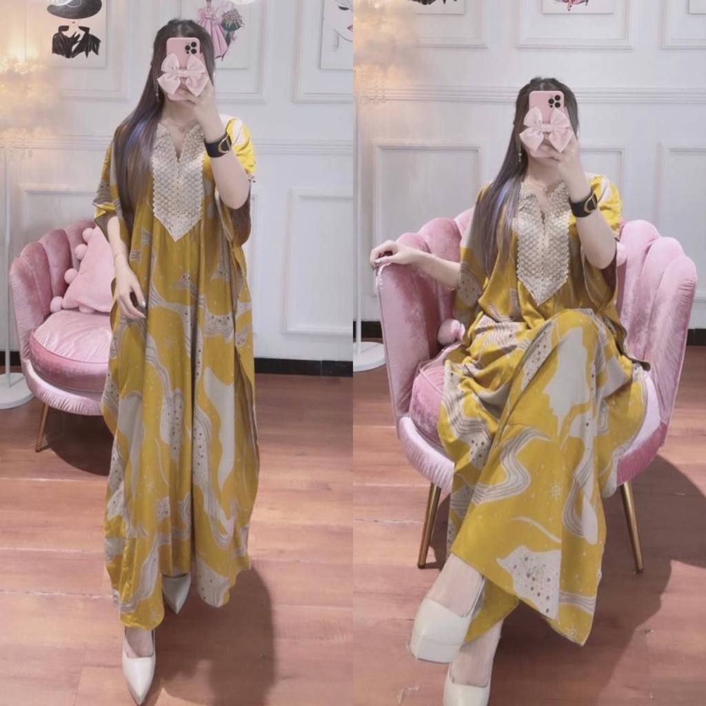 Kaftan Wanita Arabian Diamond Renda Jumbo XXXL Rayon Premium Kaftan Busui Resleting Lengan Pendek Motif Polos / Gamis Rayon Kaftan