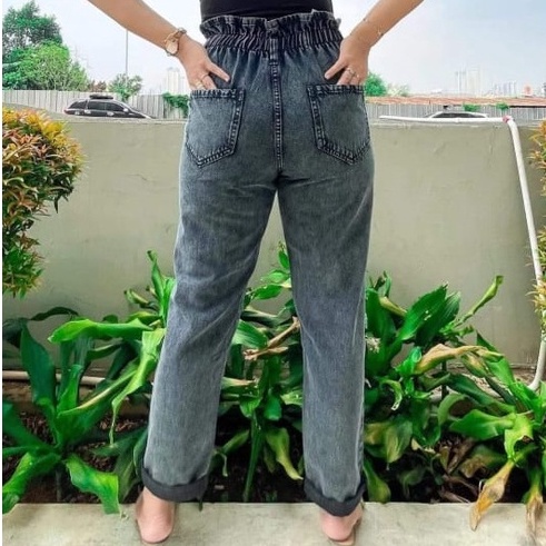 AFAREEN - Boyfriend Jeans Wanita Celana Kulot Jeans Hitam Pinggang Karet Celana Kulot Highwaist