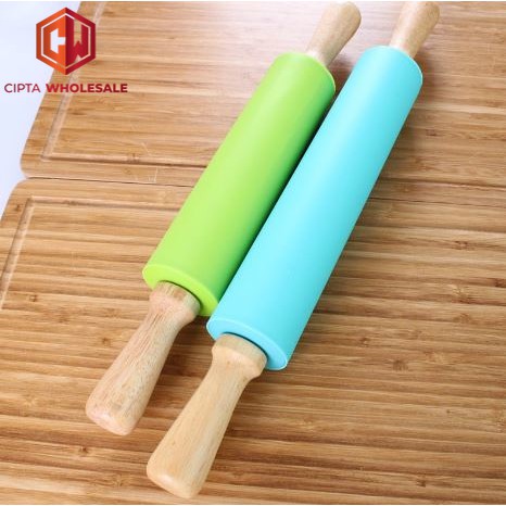 Rolling pin silicone with solid wood handle roller cake baking kue