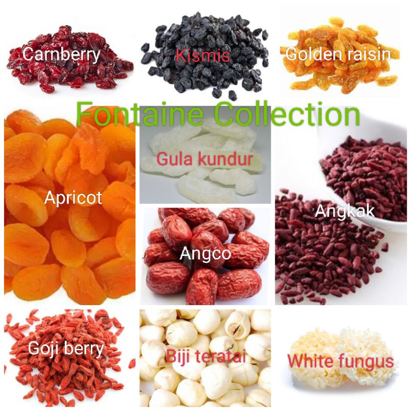 

makanan kesehatan & diet 100 gr/carnberry/kismis/apricot/angco/angkak/goji berry/biji teratai/white fungus