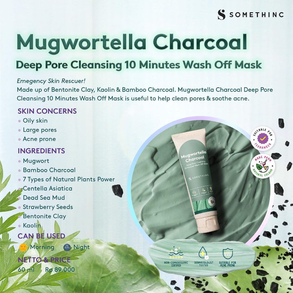 Masker Wajah SOMETHINC 10-Minutes Wash Off Mask 60 ml - SKIN GOALS Brightening Glow / MUGWORTELLA CHARCOAL Deep Pore Cleansing - Clay Mask Something Someting Sometinc Somethink Sometink