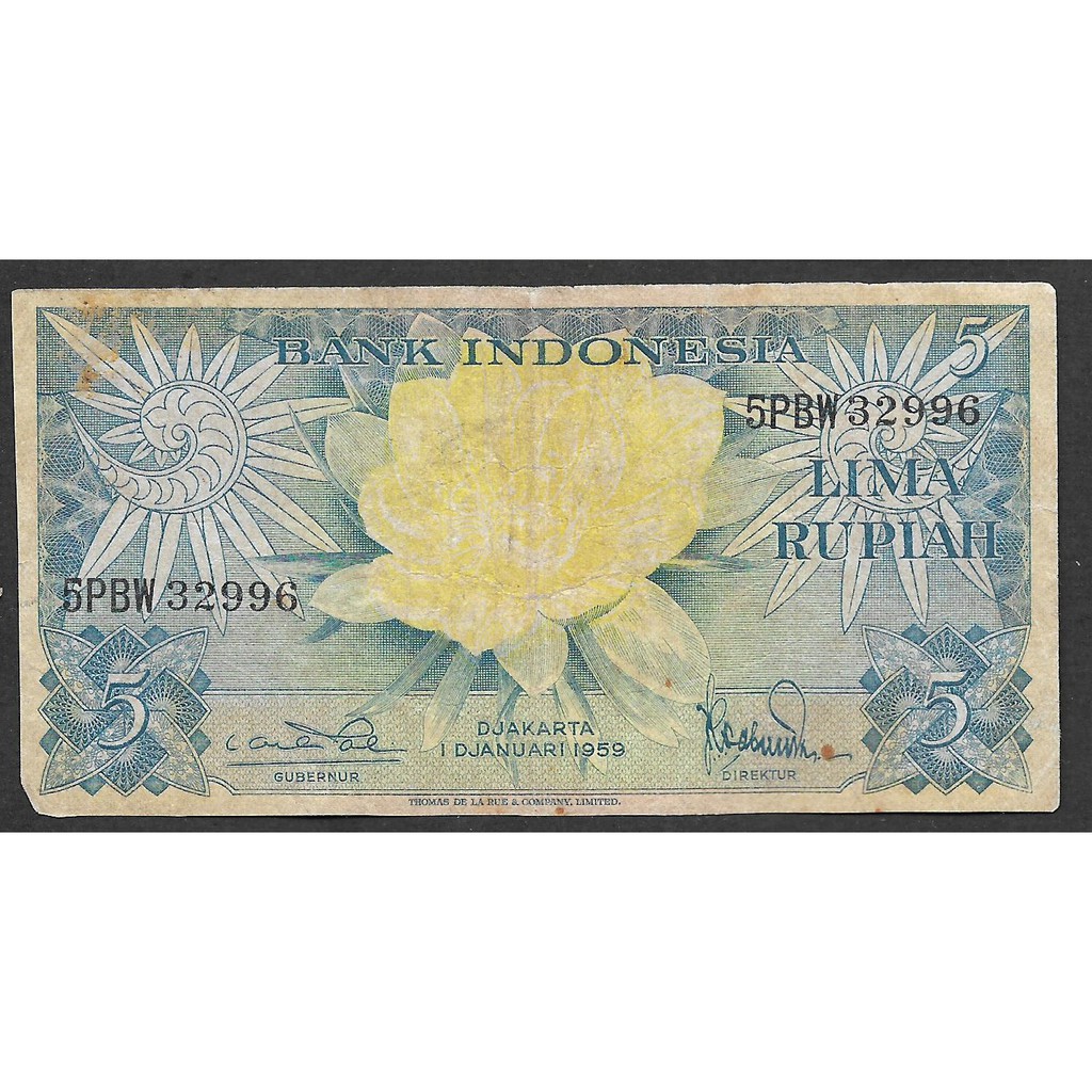 Uang Kertas Indonesia 5 Rupiah Bunga 1959 Fine Sudah Terpakai