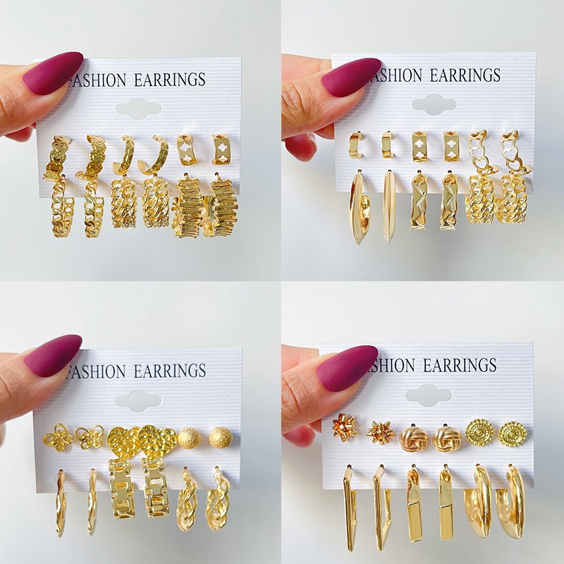 6 Pasang / set Anting Bentuk Lingkaran Geometris Bahan Logam Gaya retro Eropa Amerika