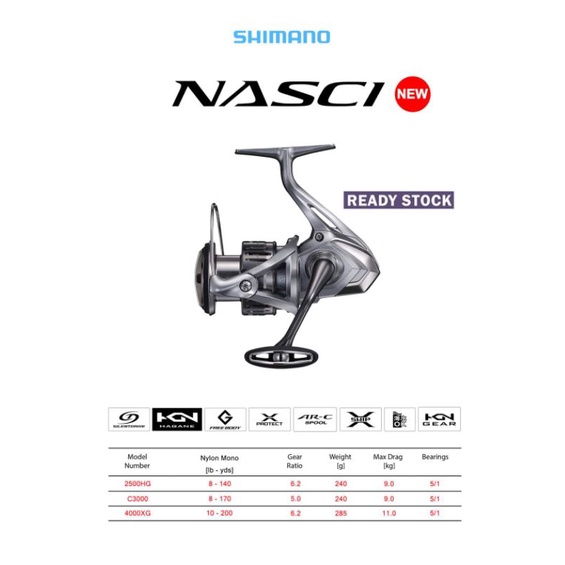 REEL SPINNING SHIMANO NASCI ,1000 , 2500 HG ,4000 XG NEW 2021