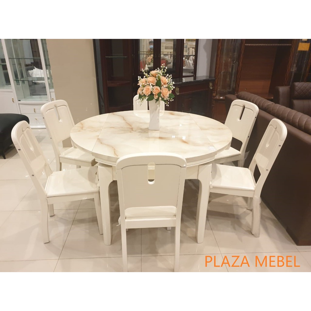 Meja Makan Marmer Bulat Putih Tarik Lipat 6 Kursi IMPORT