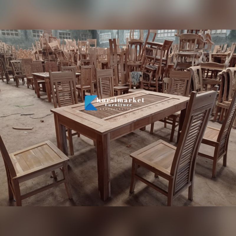 Kursi & meja makan minimalis mentah bahan kayu jati TPK uk 160x90cm meja makan mentah