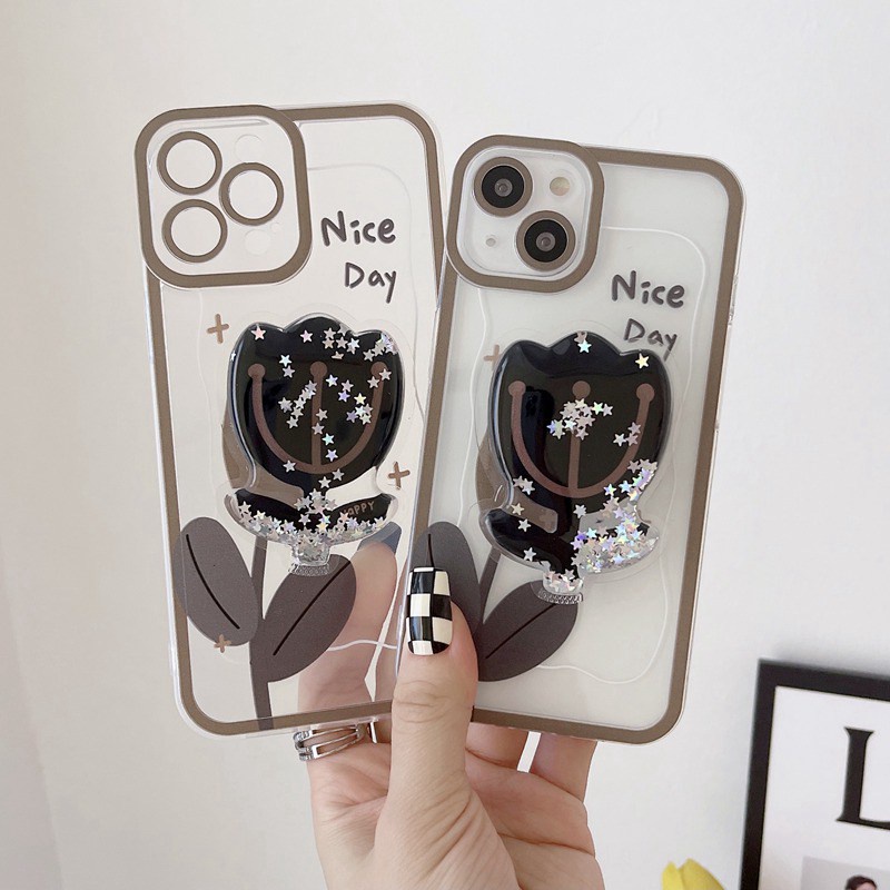 Flow Glitter Tulip Popsocket Soft Case iP iPhone 11 12 13 Pro Max 6 6S 7 8 + Plus X XR SE 2020 XS Max Casing