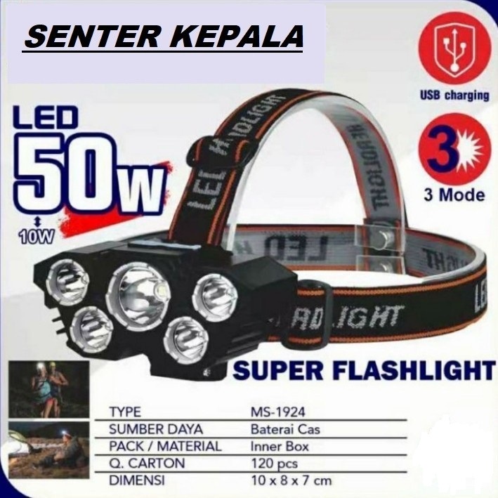 Senter Kepala 50W 5LED Headlight LED USB 50W+10W Senter Kepala 3 Mode Cahaya