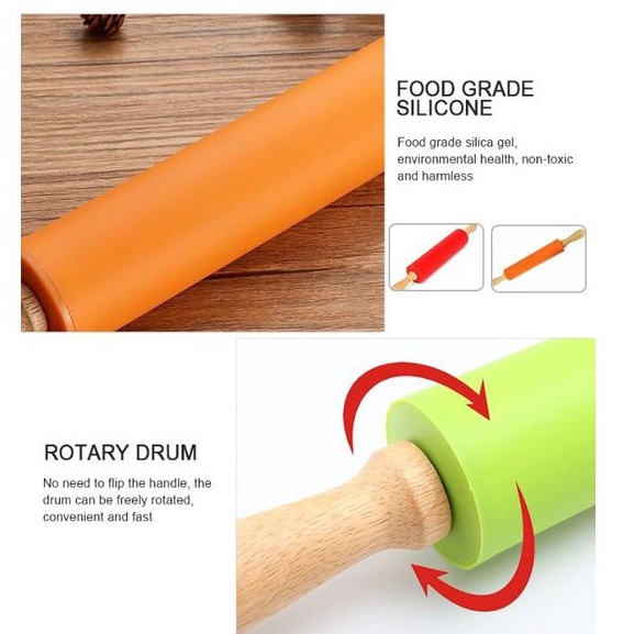 ROLLING PIN SILIKON PENGGILING ADONAN BESAR GAGANG KAYU 30 CM ANTI LENGKET TAHAN PANAS