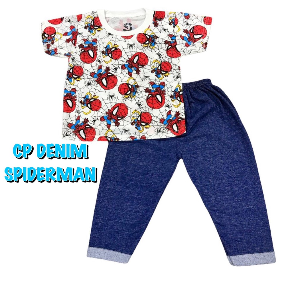 (1 KG MUAT 7 STEL) BAJU SETELAN CP DENIM FASHION OBLONG ANAK LAKI-LAKI/COWOK BAHAN KAOS KATUN SPIDERMAN