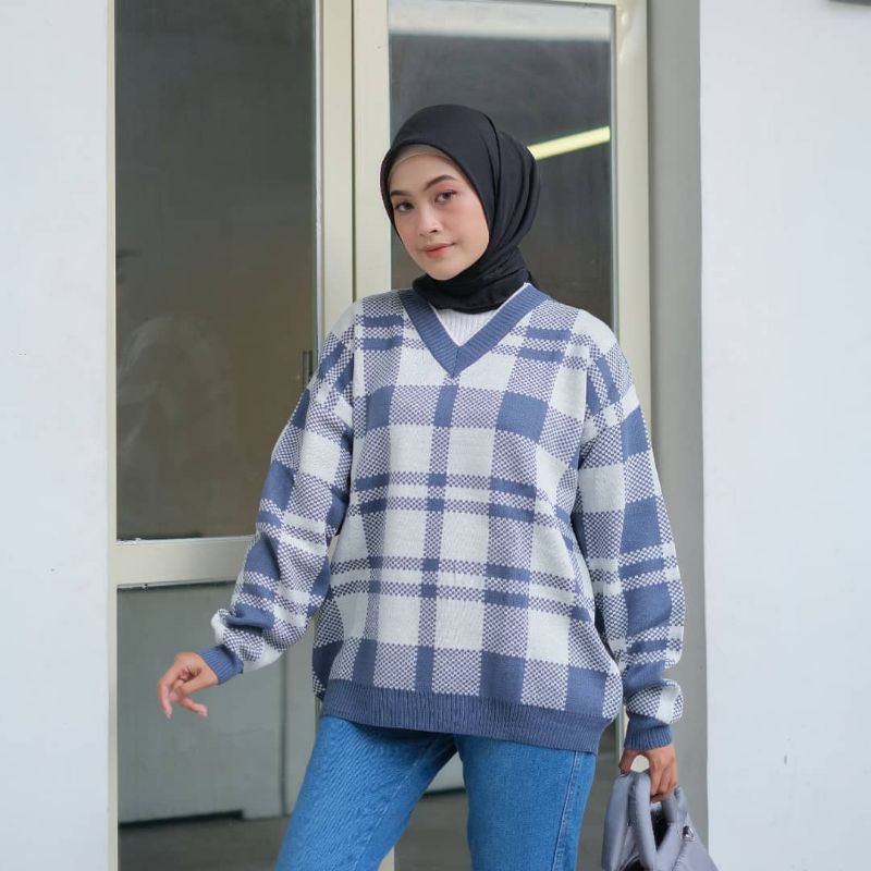 SWEATER RAJUT TARTAN WANITA OVER SIZE MOTIF KOTAK LEMBUT