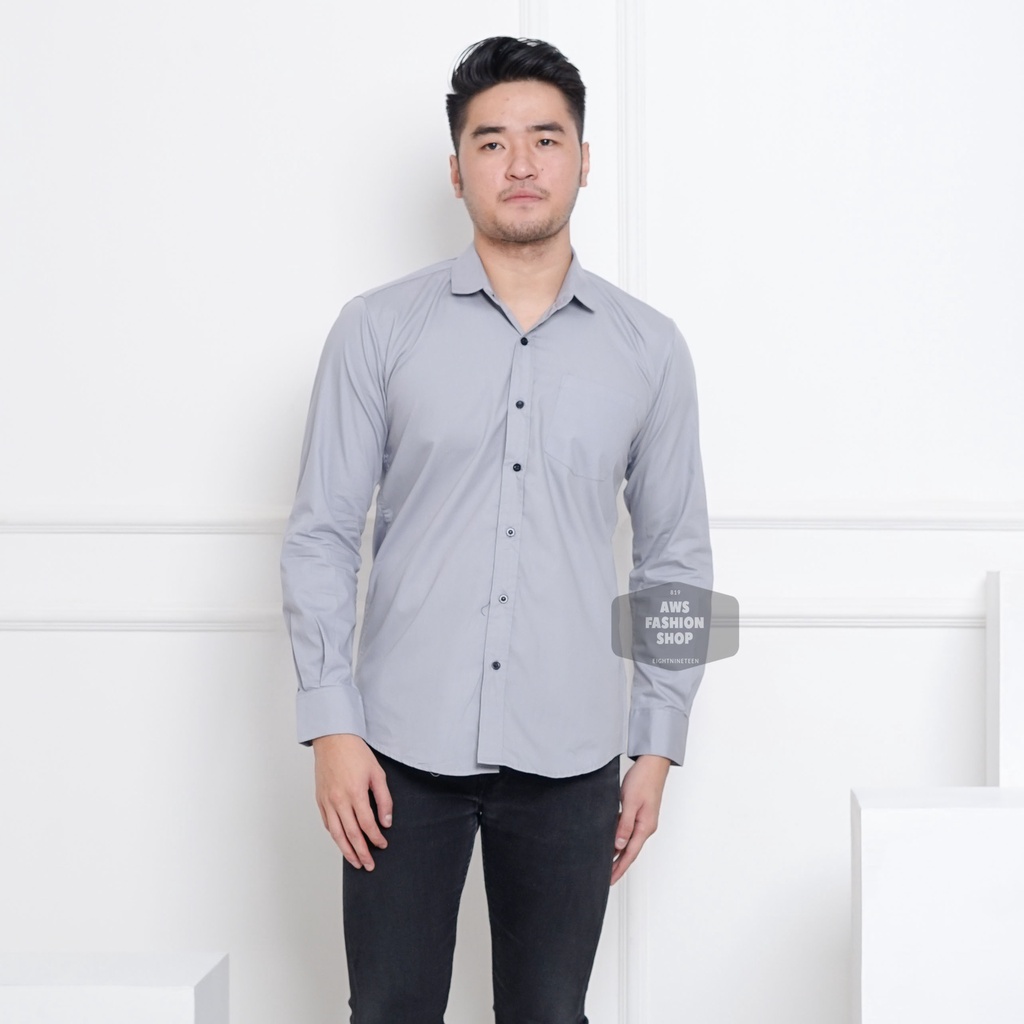 Kemeja Pria Lengan Panjang  Polos Abu - Abu Muda Soft Grey Kemeja Casual Slimfit 3346