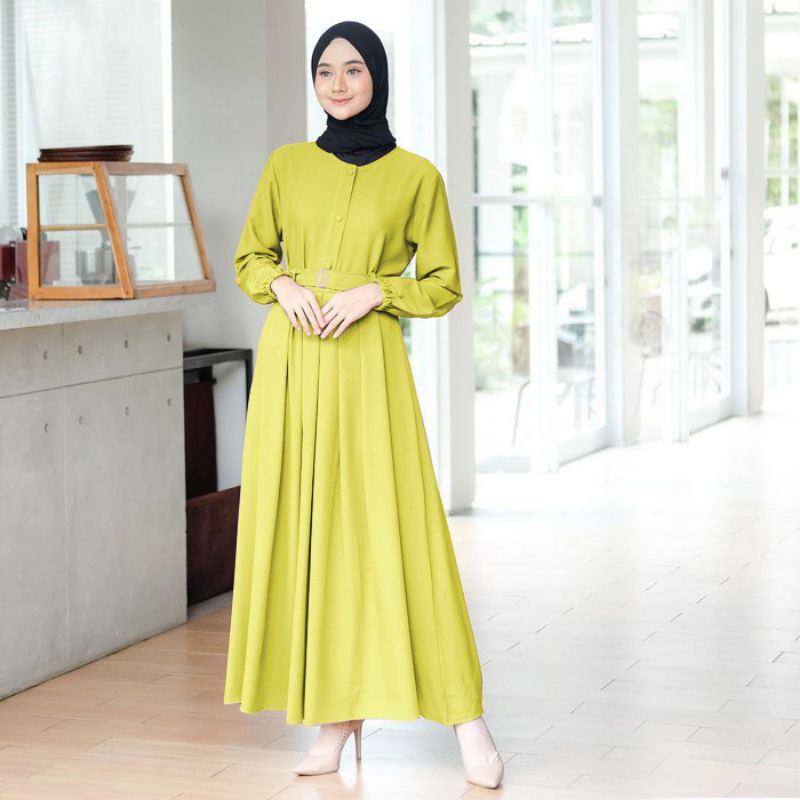 Gamis Muslim Elsa Dress Tempel Free Ikat Pinggang Baju Kekinian