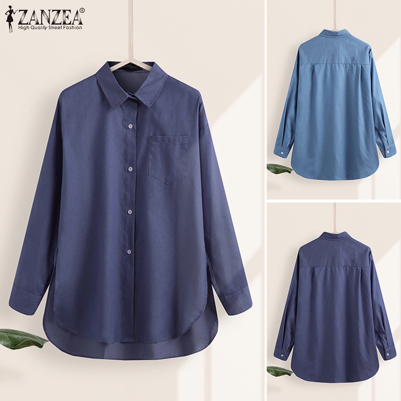 ZANZEA Women Plus Size Turn-Down-Collar Front Pockets Blouse Casual Loose Long Sleeve Tops Shirt