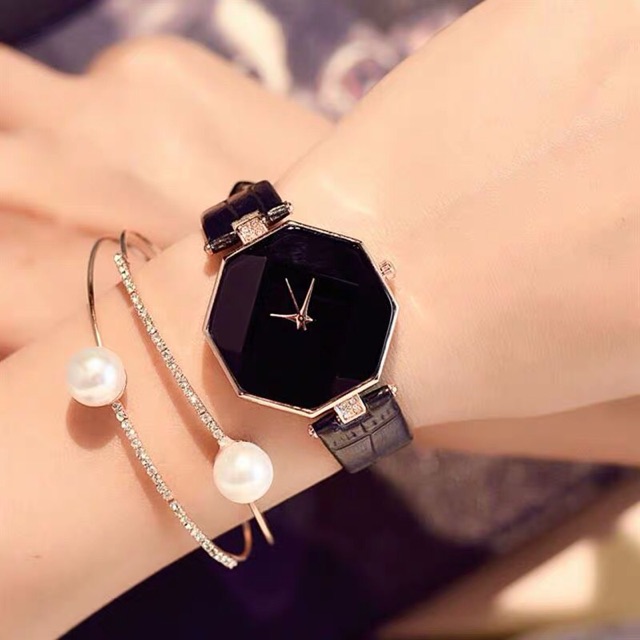 ［Ready Stock］Jam tangan wanita fashion kulit Kasus segi delapan gaya Korea S1054