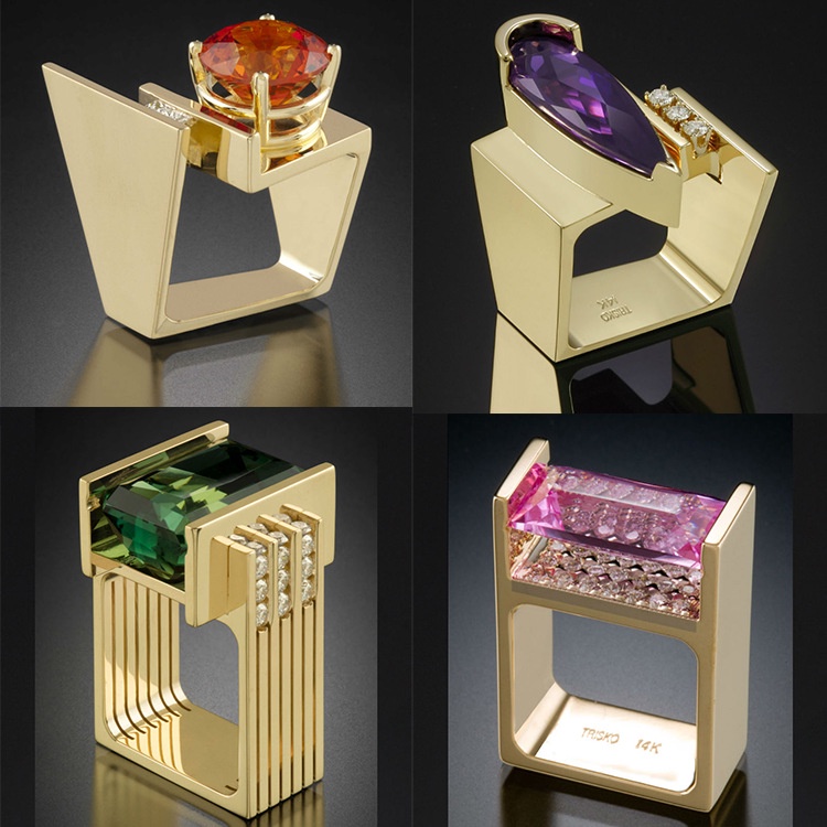 Cincin Bentuk Geometris Aksen Batu Permata Warna Emas Untuk Wanita