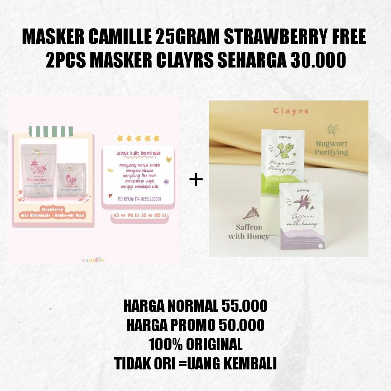 Masker Camille beauty BPOM//masker clayrs Mugwort //masker clayrs saffron/masker yoqueen beauty BPOM-Strawberry camille25