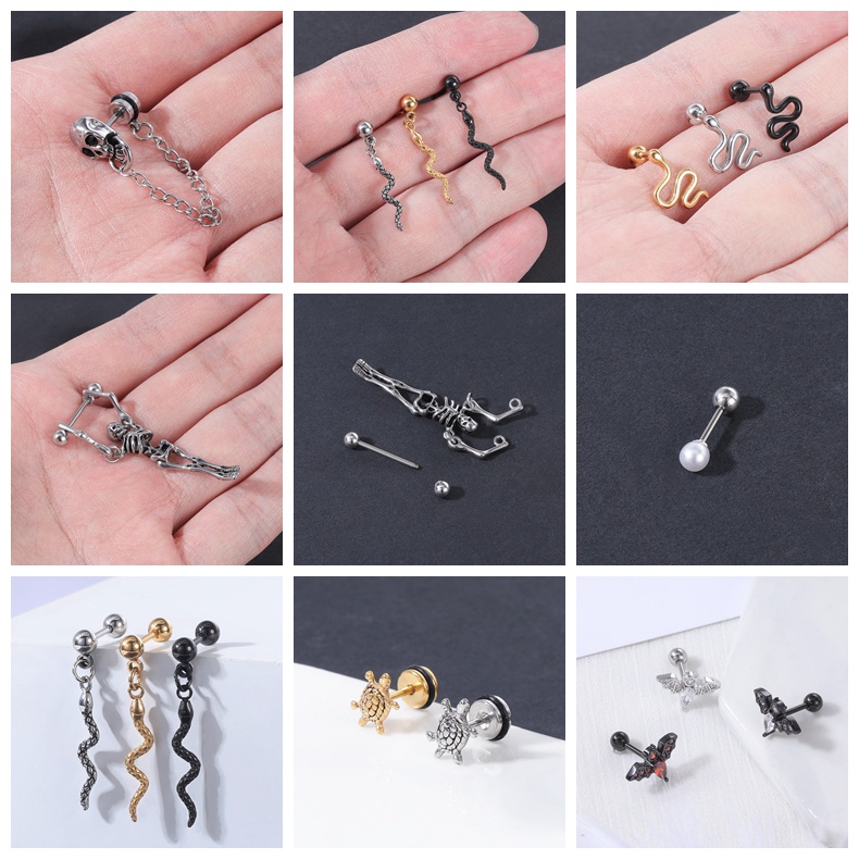 1 Pc Anting Stud Kristal Bentuk Hati Bulan Tengkorak Kelelawar Bahan Stainless Steel