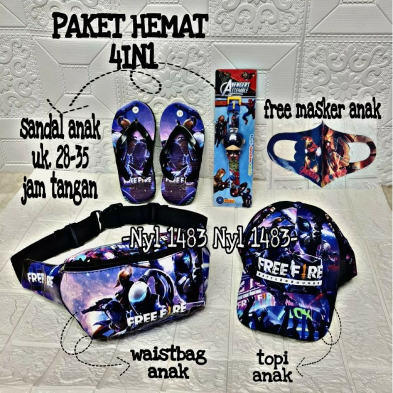 Paket hemat 4in1 tas SLempang anak karakter 4in1 kumplit free masker anak 2-9tahun