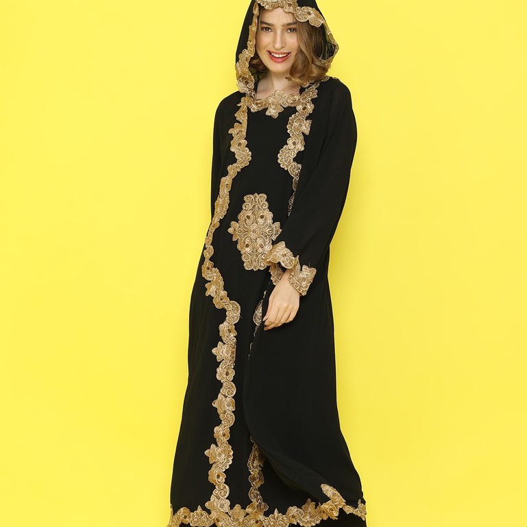 PROMO Gamis Wanita Muslim Dress Kapucong Hoodie Terbaru Warna HITAM PUTIH Sifon Full Bordir All Size