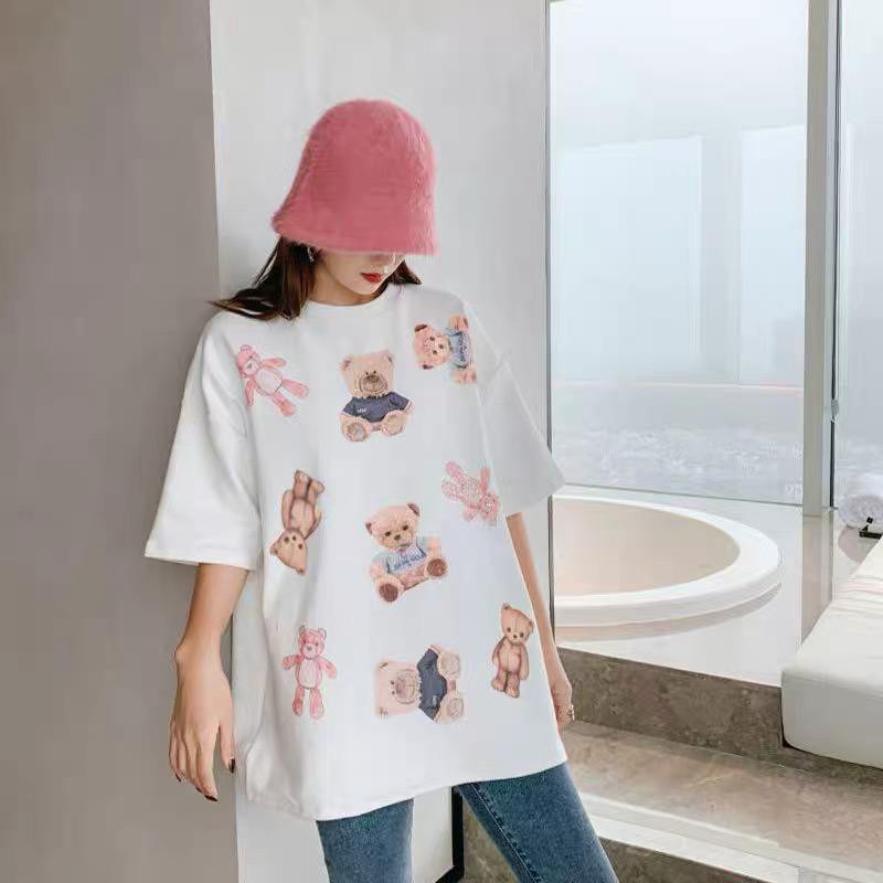 Overtee Tshirt Oversize Wanita Motif All Bear PINK - 100% Import
