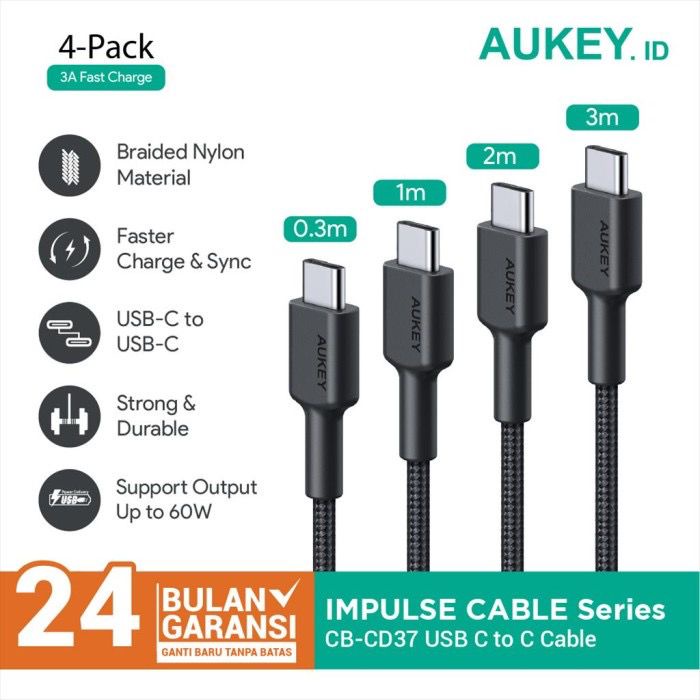 Aukey Cable Type C to Type C (4 pcs) - SKU : 500867 - CB-CD37 - Garansi Resmi 2 Tahun