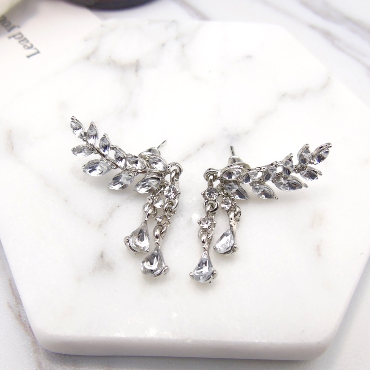 Anting Rumbai Bentuk Daun | Anting Kristal Bentuk Tetesan Air Daun Bahan Resin | Anting Bahan Alloy