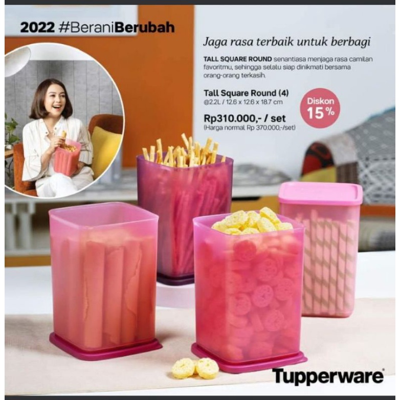 Tall square round Tupperware / promo toples tupperware isi 4 / toples lebaran tupperware