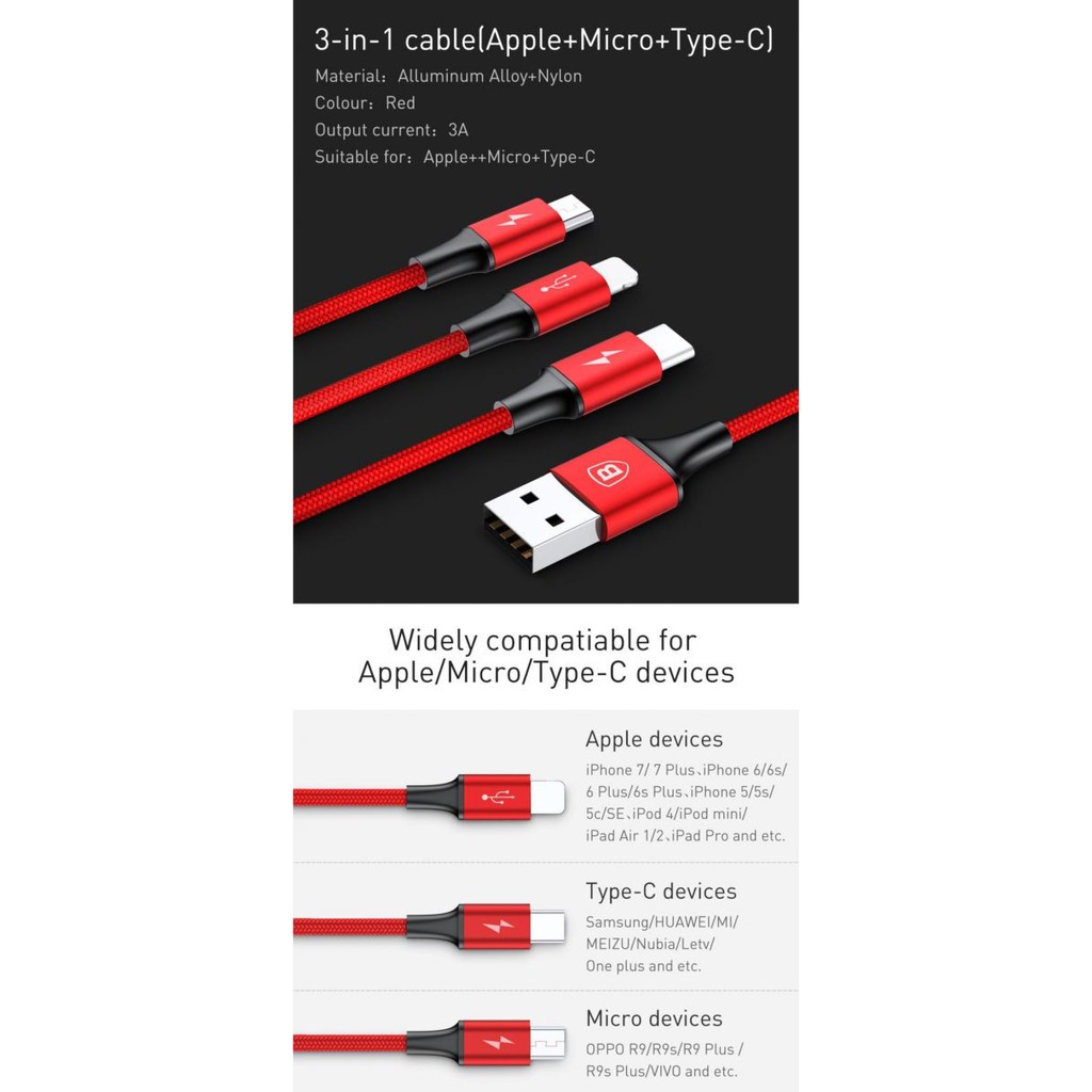 Baseus Rapid Series 3 in 1 Micro USB + Lightning + Type-C 3A 1.2M