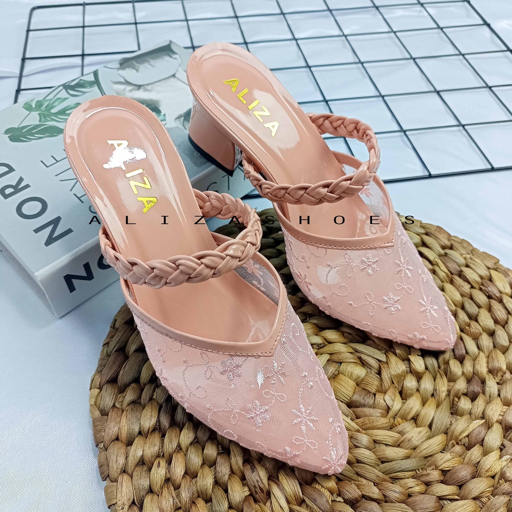 ALIZA SANDAL HEELS WANITA CHUNKY 5 CM JALA RAJUT TERBARU-5