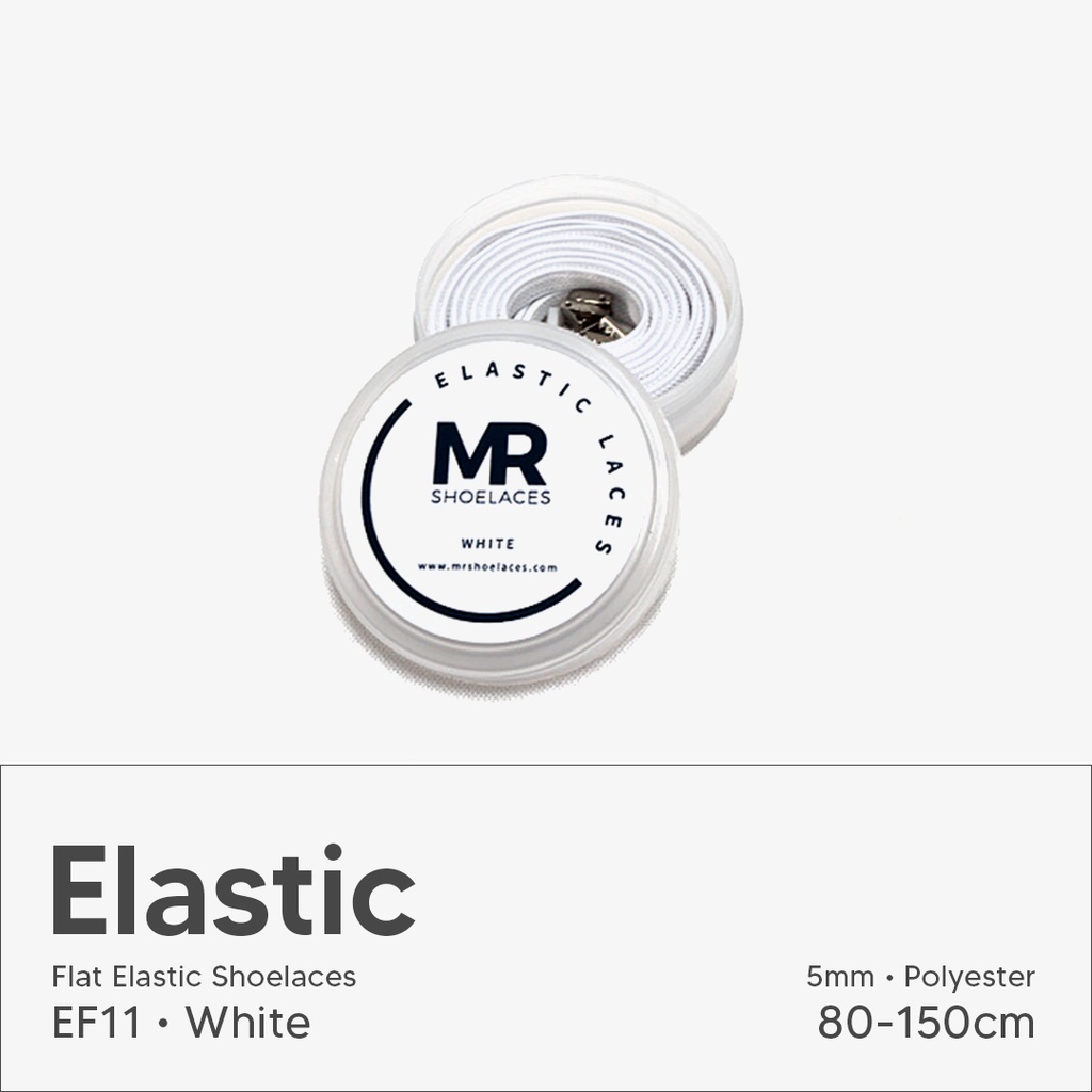 Original MR Shoelaces EF11 Elastic White Putih Tali Sepatu Flat Elastis (Karet Lentur) with Metal Clip / Lock 100cm Original