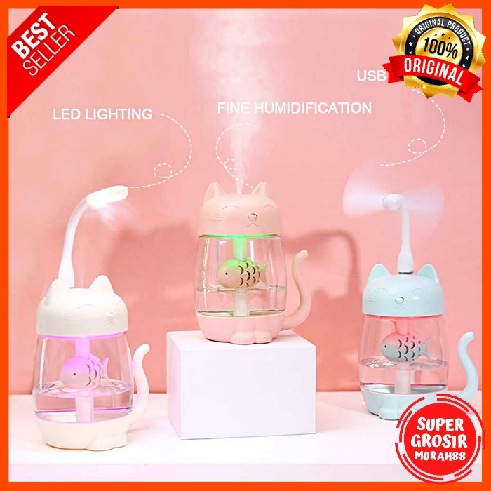 Humidifier Air 3 in 1 Aromatherapy Cat Kitty 350ml with Fan + LED Lamp Pink