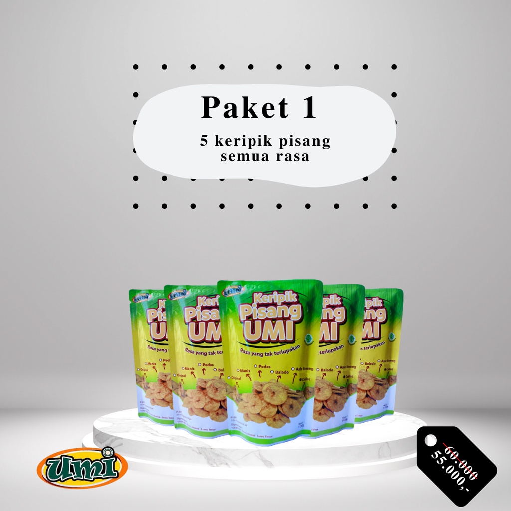 

Promo Bundle 5 Keripik Pisang Umi Manis, Original, Pedas, Cokelat, Balado