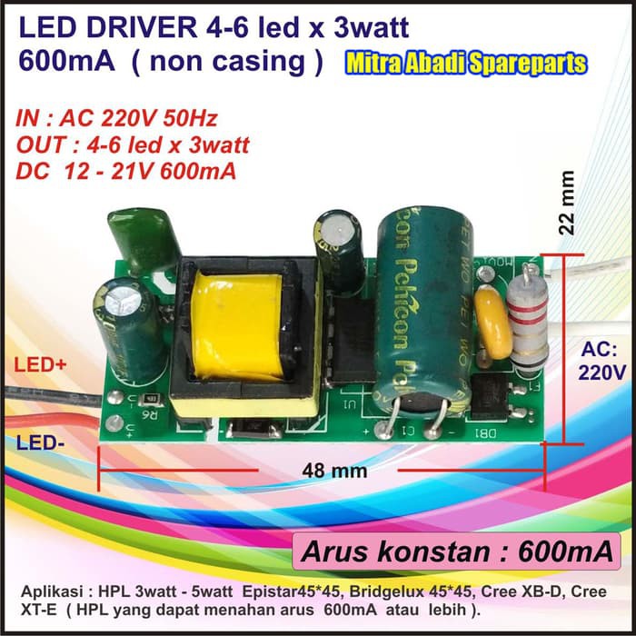 Murah LED Driver (4-6)*3W/3 Watt HPL 600 mA non-Casing AC 220V