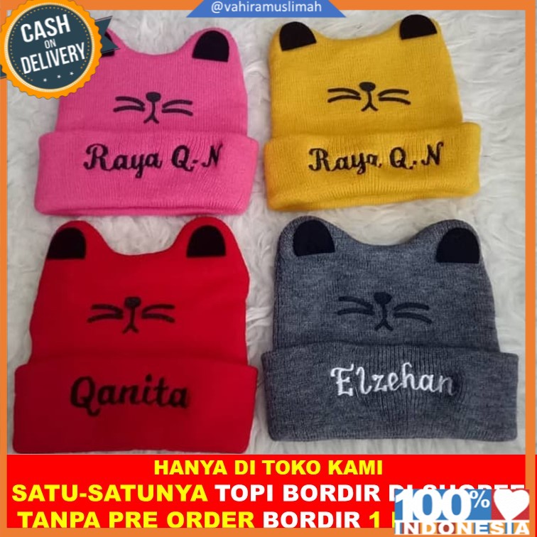 TOPI KUPLUK BAYI KUCING / KUPLUK BAYI LUCU / KUPLUK ANAK KARAKTER / TOPI KUPLUK LUCU KUCING BORDIR