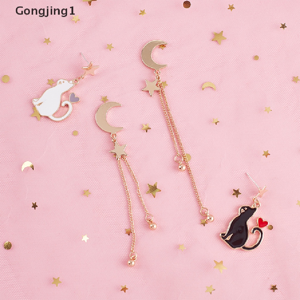 Gongjing1 Anting Tusuk Gantung Asimetris Desain Kucing + Bulan + Bintang Untuk Wanita