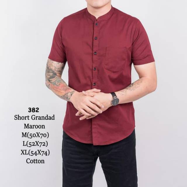 YB KEMEJA KATUN LENGAN PENDEK MOTIF POLOS PRIA SLIM FIT COTTON POPLIN SHORT SLEEVE MAROON GRANDAD