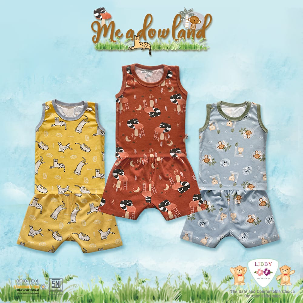 LIBBY 3 SETELAN Kutung Bayi Celana Pendek 6-18 Bulan PIYAMA OBLONG SINGLET SML Arevybabyshop