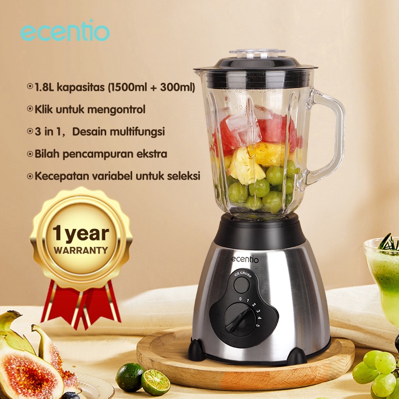 ecentio Blender 1.8L Stainless Gelas Kaca Tebal Rakii - Blender kaca 3 in 1 Stainless High Speed - Blender Import 6 pisau Multifungsi juicer elektrik cangkir 1500ml+300ml