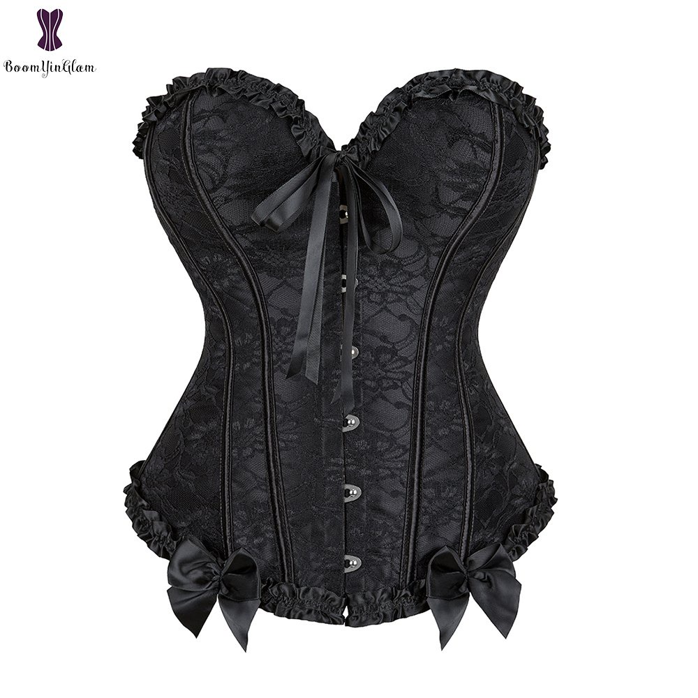 Jual Sexy Corset Overbust Women Corsets Elastic Boned Gothic Bustier Lace Overlay Cosplay Korset 4558