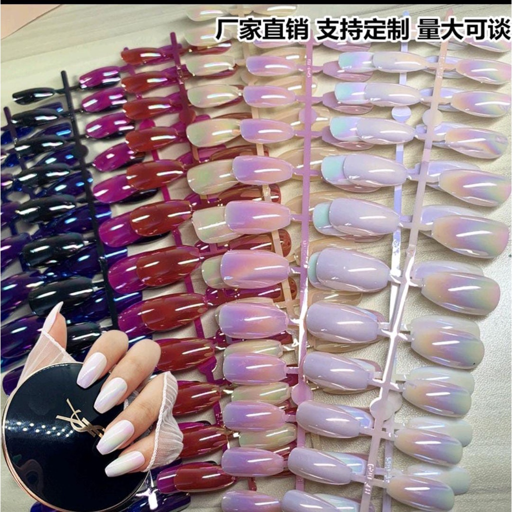 24PCS NAIL CHROME FAKE NAILS CHAMELEON KUKU PALSU SHORT COFFIN BALERINA KUKU PALSU MOTIF