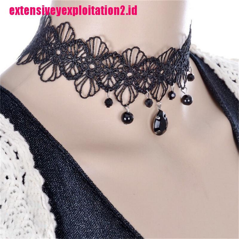 &lt; E2id &amp; &gt; Kalung Choker Lace Hitam Pendan Bunga Gaya Gotik Retro