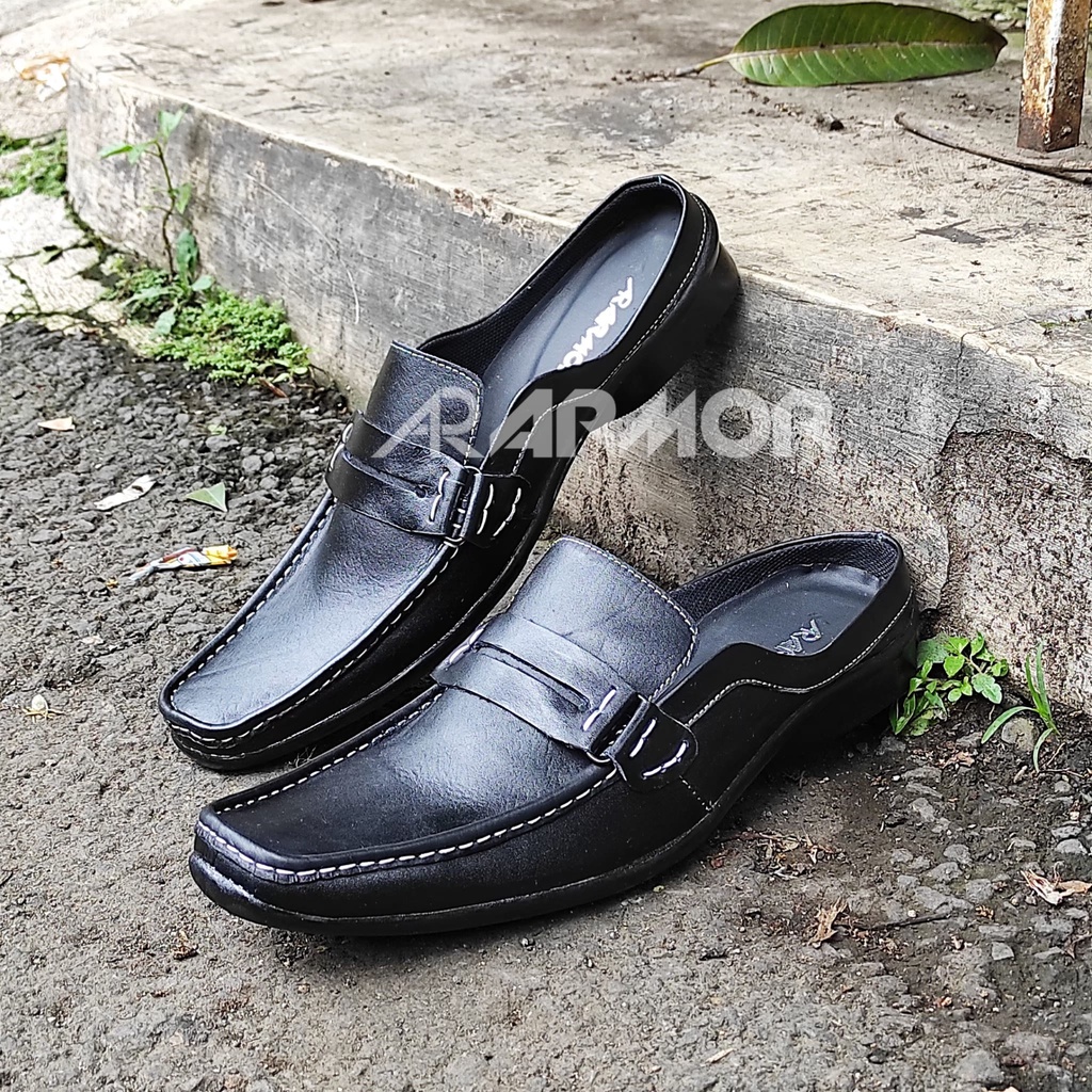 Sepatu Sendal Cowok Pria Santai Kasual Casual Formal Kulit Asli Tutong Bustong Slop Sandal Slide Brongsong Murah