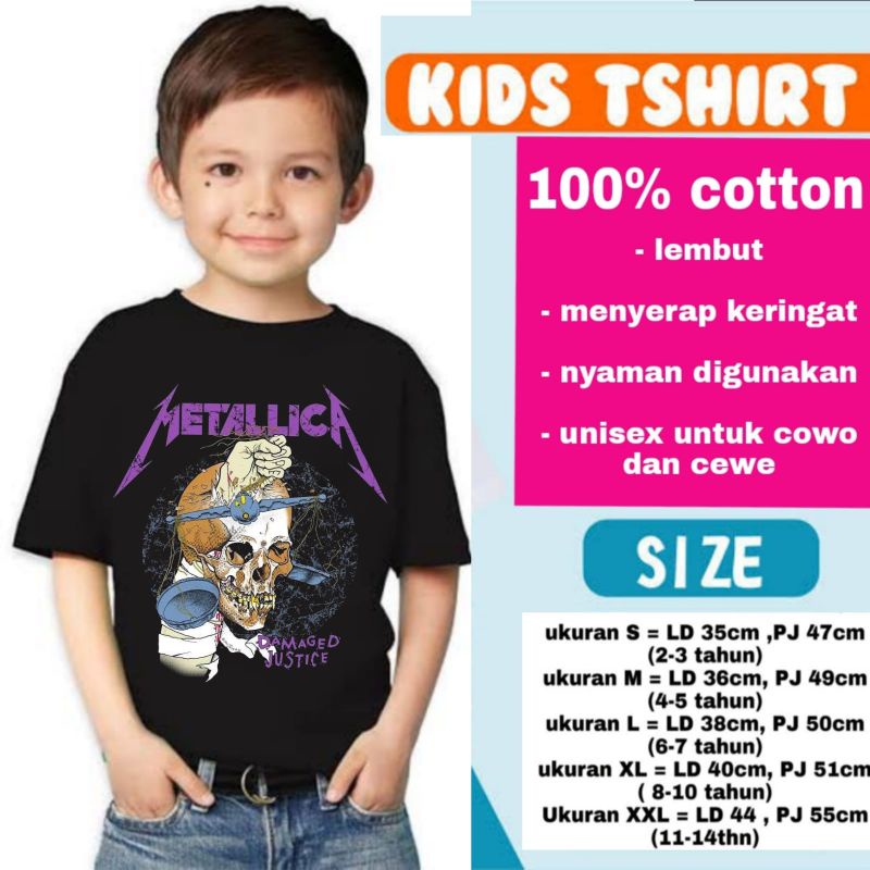 KAOS METALLICA DAMAGED JUSTICE T-SHIRT KIDS BAJU ANAK BAND METAL UMUR 1 - 12 TAHUN USIA 1 2 3 4 5 6 