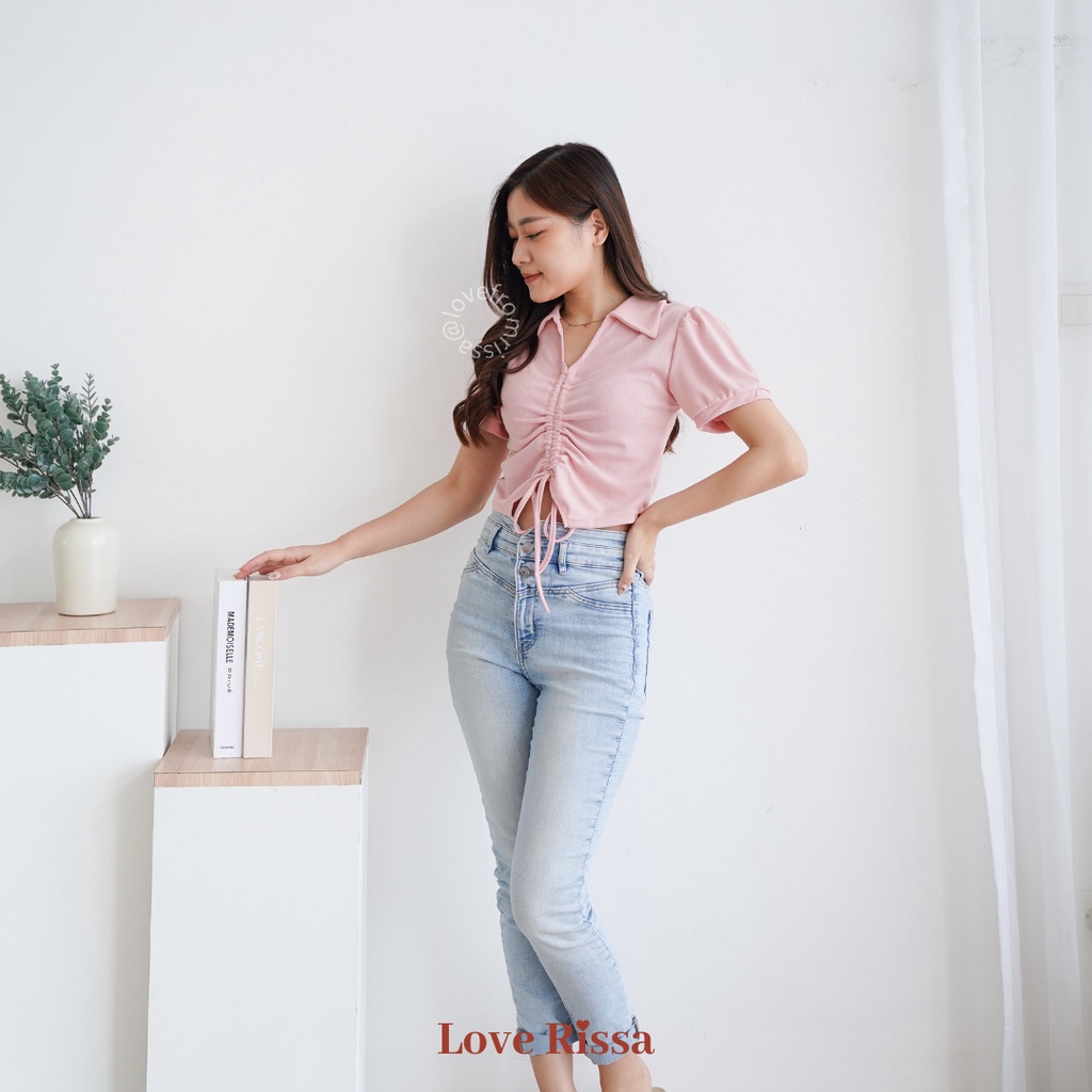 Baju Audrey Baju Korea Lengan Pendek Crop Top Pakaian Wanita Atasan Knit Wear Short Sleeve Baju Rajut Love Rissa